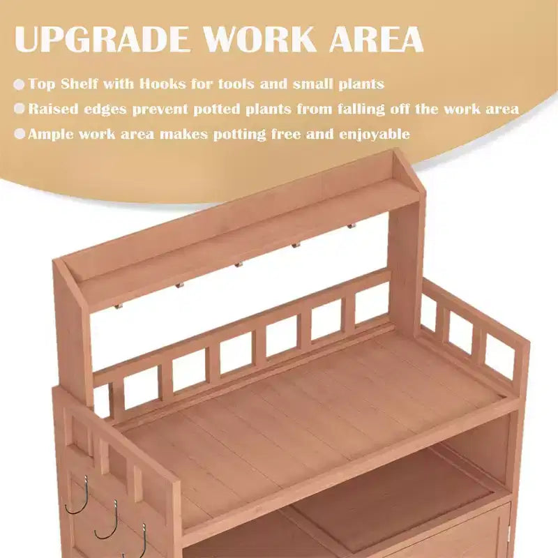 Table de rempotage d'extérieur, établi de jardin avec 5 crochets, grand meuble de rangement inférieur, étagères supérieures, table de rempotage en bois marron