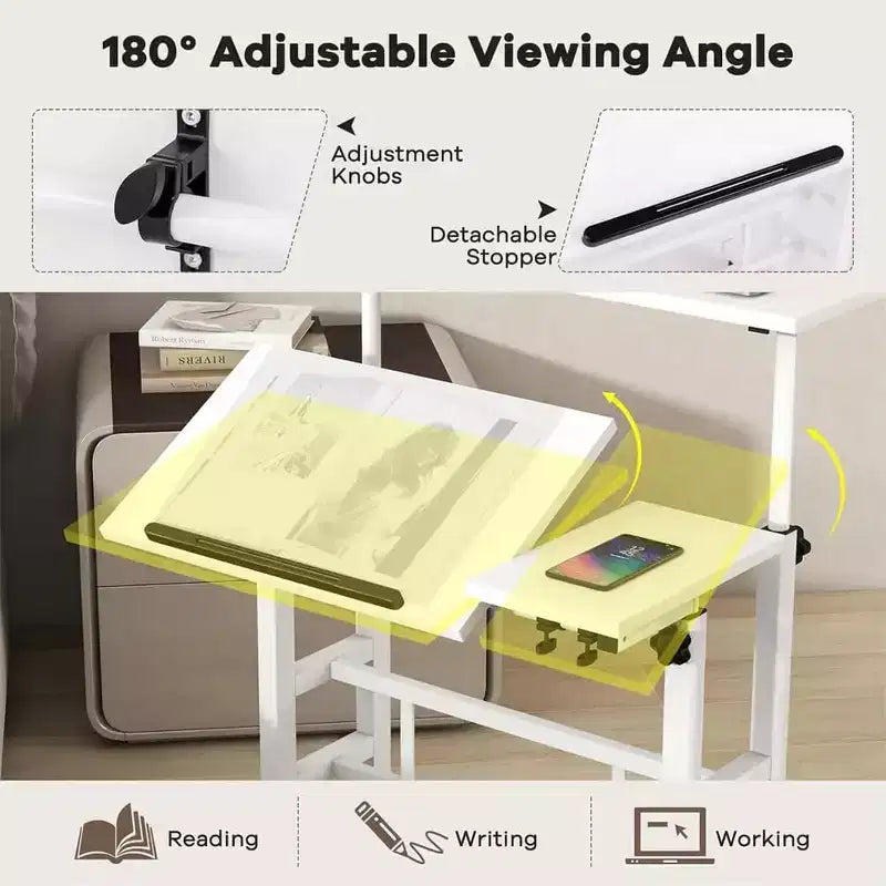 Bureau debout portable réglable en hauteur 67-155 cm, bureau d'ordinateur mobile avec roulettes, plateau inclinable et support CPU, chariot de table d'ordinateur portable roulant pour bureau à domicile