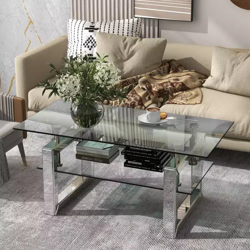 TUYOHW 39.4 2-Tier Coffee Table with Transparent Tempered Glass Top,Industrial Center Table with Metal Legs,Accetn Table for Living Room