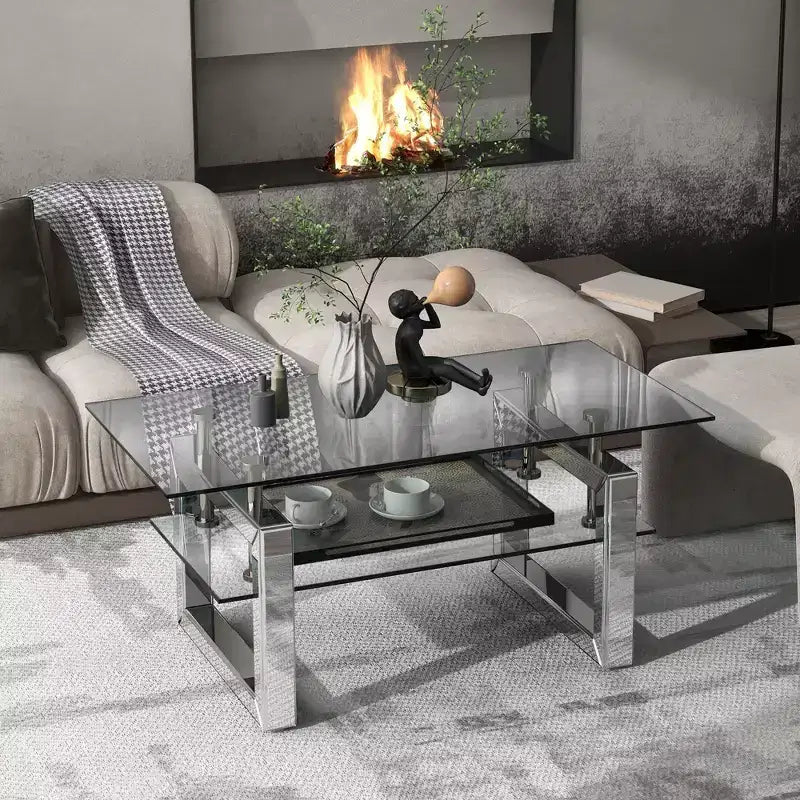 Table basse à 2 niveaux de 100 cm avec plateau en verre trempé transparent, table basse industrielle avec pieds en métal, table d'appoint pour salon