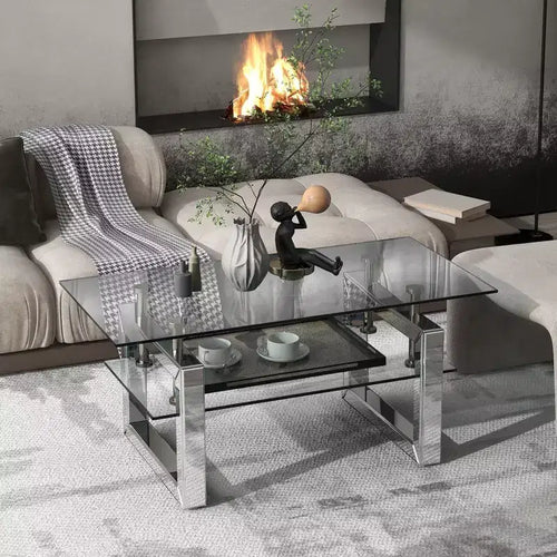 Table basse à 2 niveaux de 100 cm avec plateau en verre trempé transparent, table basse industrielle avec pieds en métal, table d'appoint pour salon