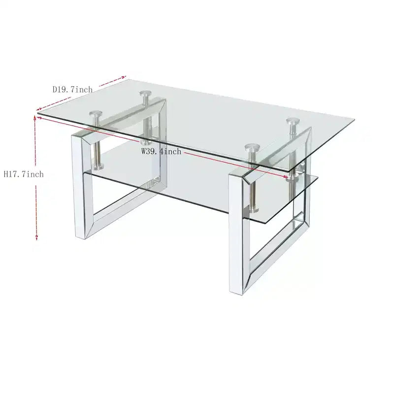 Table basse à 2 niveaux de 100 cm avec plateau en verre trempé transparent, table basse industrielle avec pieds en métal, table d'appoint pour salon
