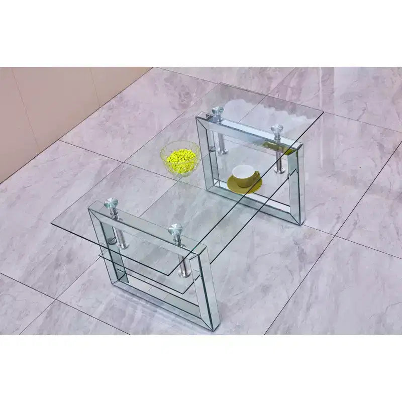 Table basse à 2 niveaux de 100 cm avec plateau en verre trempé transparent, table basse industrielle avec pieds en métal, table d'appoint pour salon