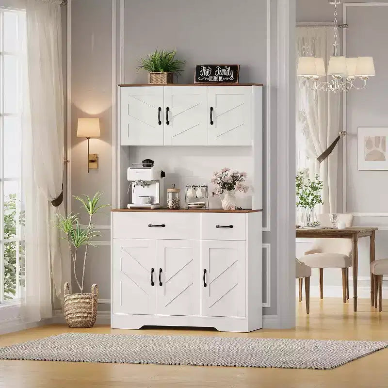 Meuble de rangement de cuisine blanc 71 avec station de recharge, tiroir et étagères réglables, style rustique pour salle à manger ou salon