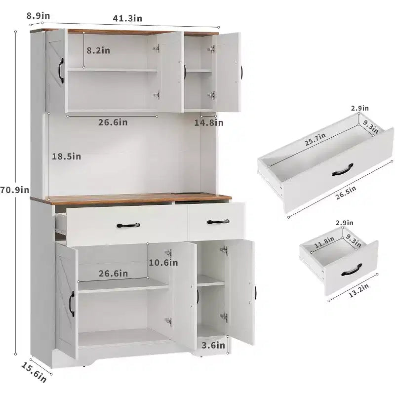 Meuble de rangement de cuisine blanc 71 avec station de recharge, tiroir et étagères réglables, style rustique pour salle à manger ou salon