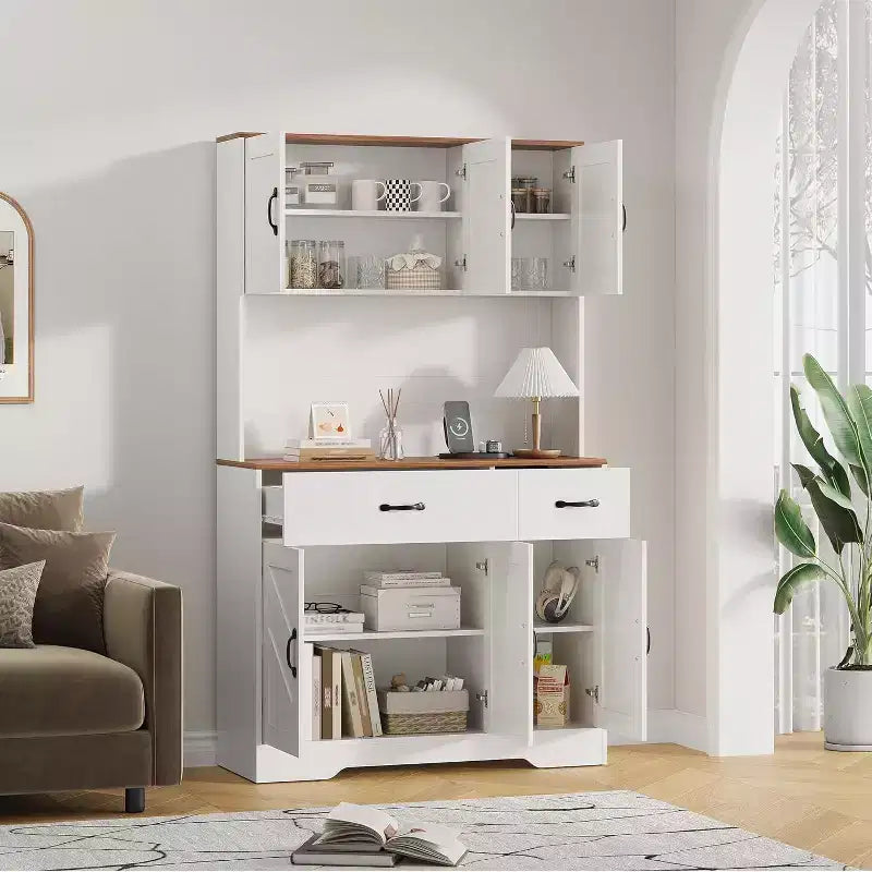 Meuble de rangement de cuisine blanc 71 avec station de recharge, tiroir et étagères réglables, style rustique pour salle à manger ou salon
