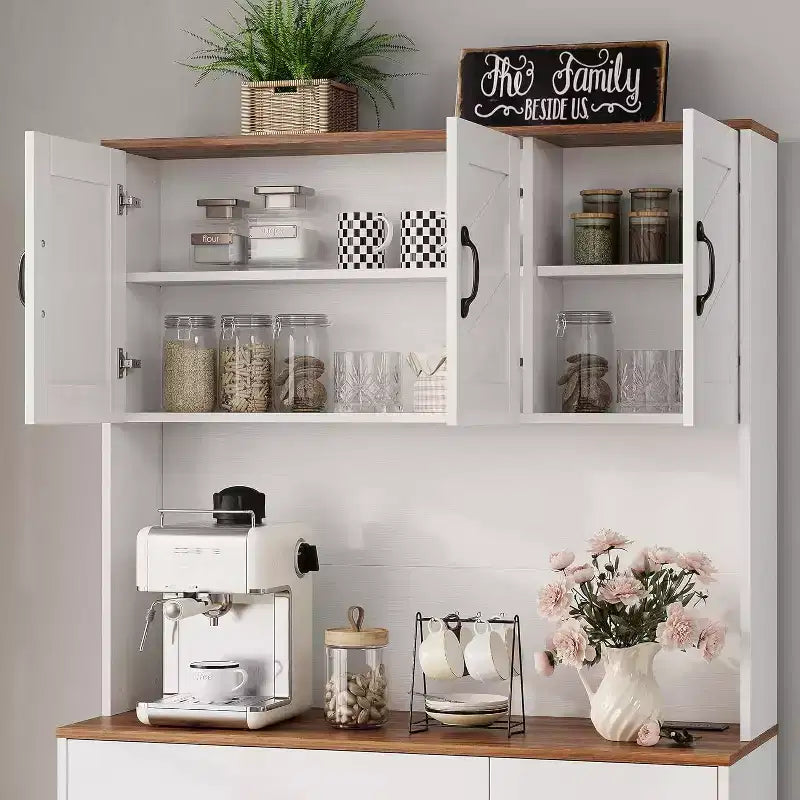 Meuble de rangement de cuisine blanc 71 avec station de recharge, tiroir et étagères réglables, style rustique pour salle à manger ou salon