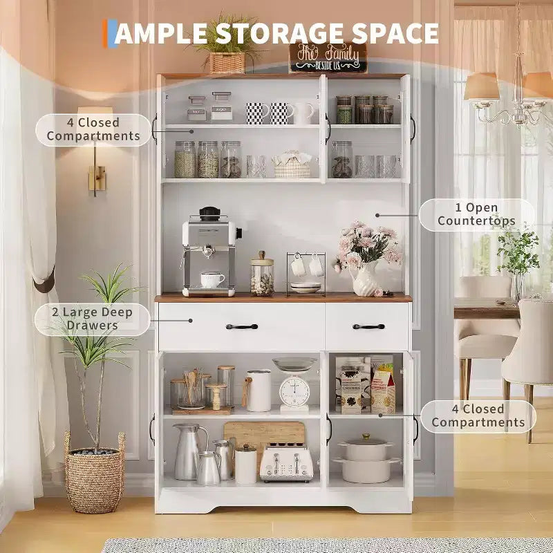 Meuble de rangement de cuisine blanc 71 avec station de recharge, tiroir et étagères réglables, style rustique pour salle à manger ou salon