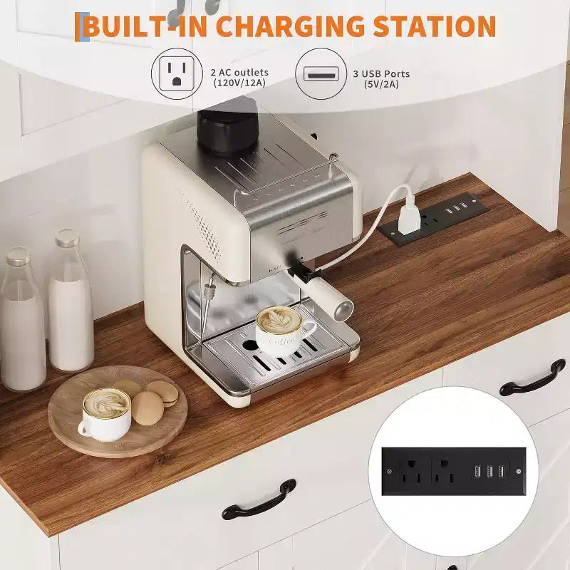 Meuble de rangement de cuisine blanc 71 avec station de recharge, tiroir et étagères réglables, style rustique pour salle à manger ou salon
