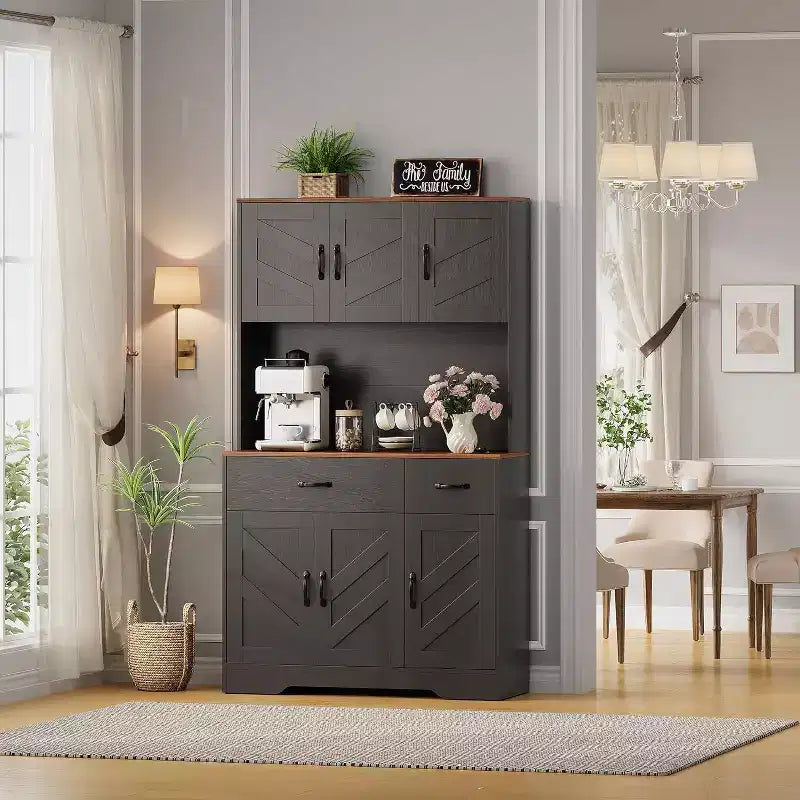 Meuble de rangement de cuisine blanc 71 avec station de recharge, tiroir et étagères réglables, style rustique pour salle à manger ou salon