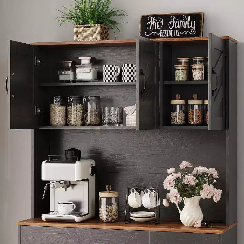 Meuble de rangement de cuisine blanc 71 avec station de recharge, tiroir et étagères réglables, style rustique pour salle à manger ou salon