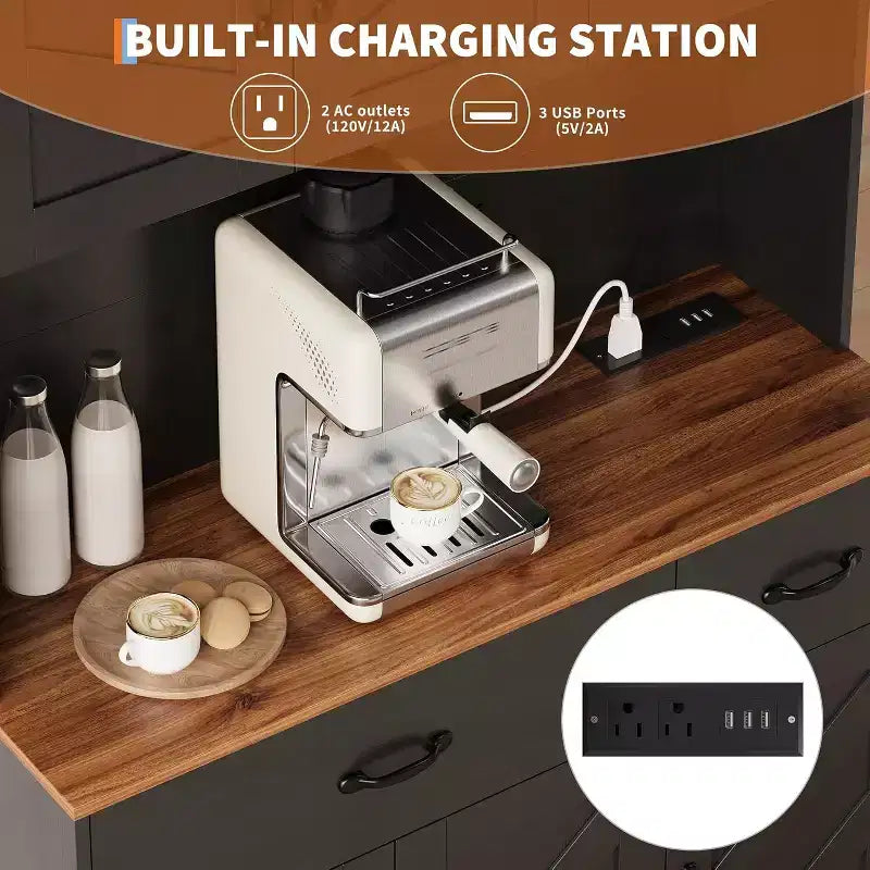 Meuble de rangement de cuisine blanc 71 avec station de recharge, tiroir et étagères réglables, style rustique pour salle à manger ou salon