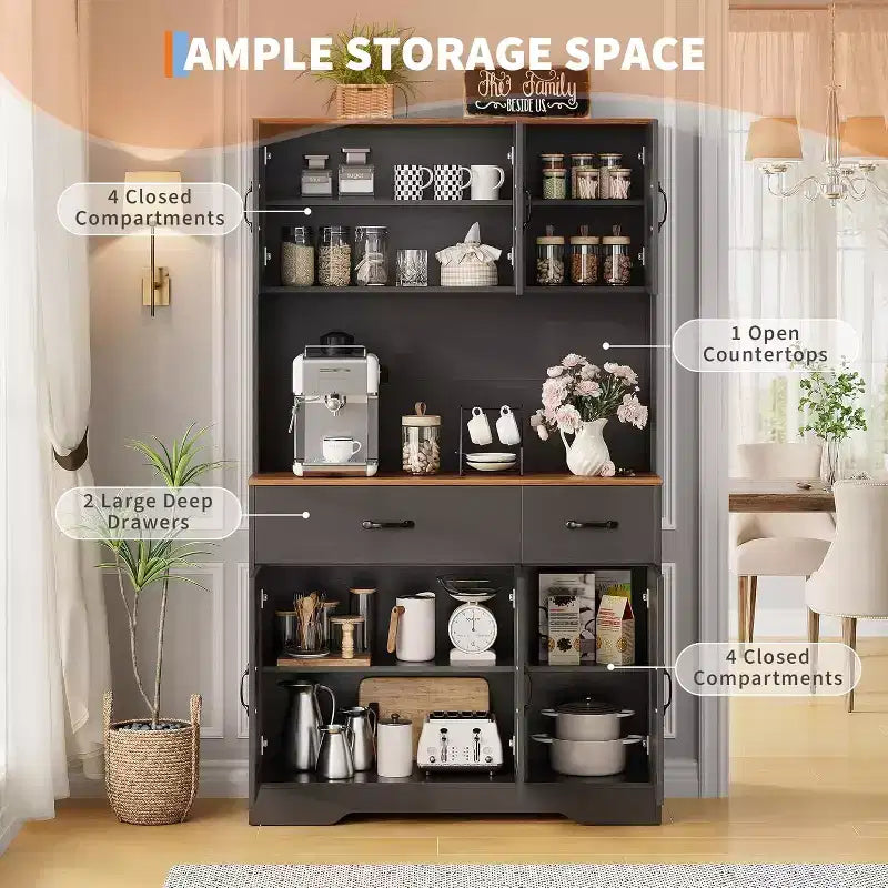 Meuble de rangement de cuisine blanc 71 avec station de recharge, tiroir et étagères réglables, style rustique pour salle à manger ou salon