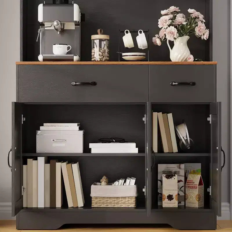 Meuble de rangement de cuisine blanc 71 avec station de recharge, tiroir et étagères réglables, style rustique pour salle à manger ou salon