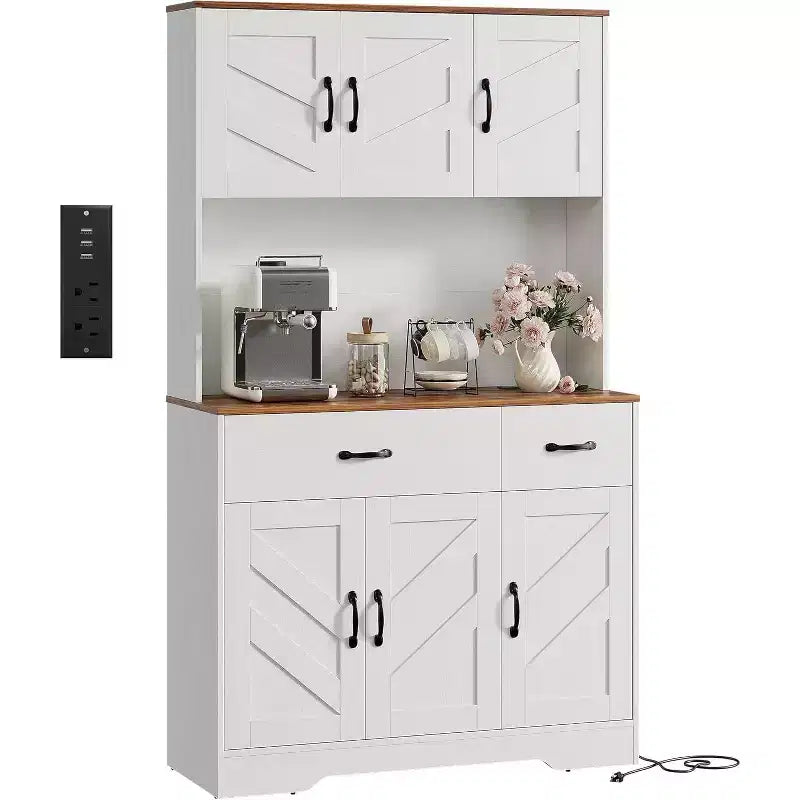 Meuble de rangement de cuisine blanc 71 avec station de recharge, tiroir et étagères réglables, style rustique pour salle à manger ou salon