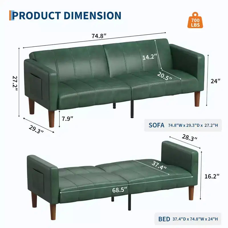 Canapé-lit futon en similicuir de 75'', causeuse convertible, dossier réglable, poches latérales, canapé-lit peu encombrant pour petits espaces