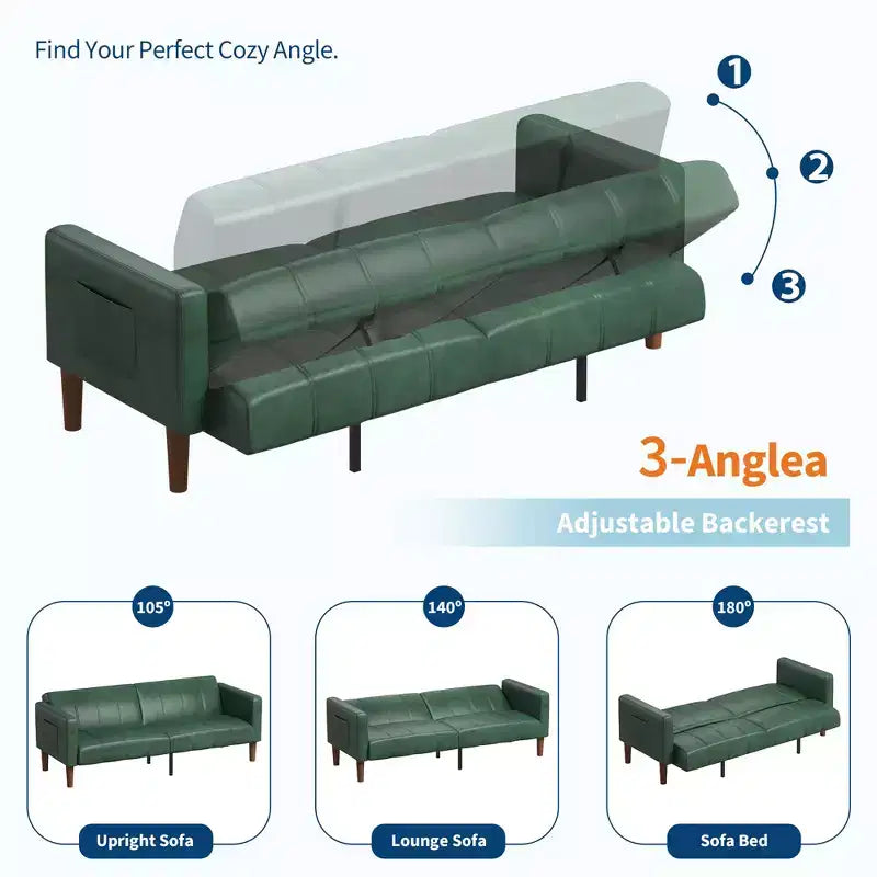 Canapé-lit futon en similicuir de 75'', causeuse convertible, dossier réglable, poches latérales, canapé-lit peu encombrant pour petits espaces