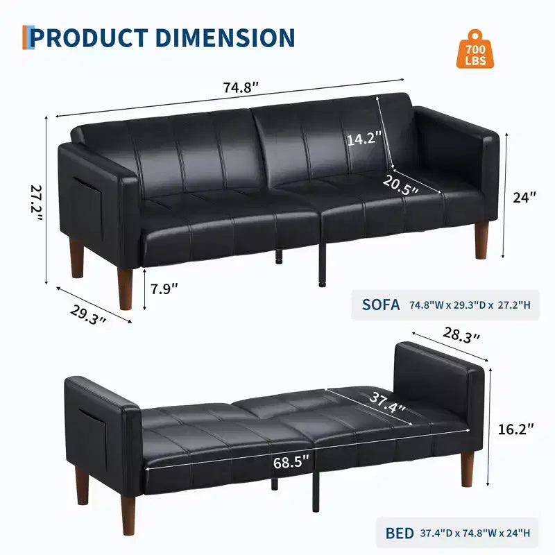 Canapé-lit futon en similicuir de 75'', causeuse convertible, dossier réglable, poches latérales, canapé-lit peu encombrant pour petits espaces