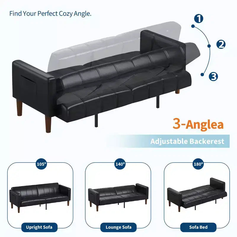 Canapé-lit futon en similicuir de 75'', causeuse convertible, dossier réglable, poches latérales, canapé-lit peu encombrant pour petits espaces