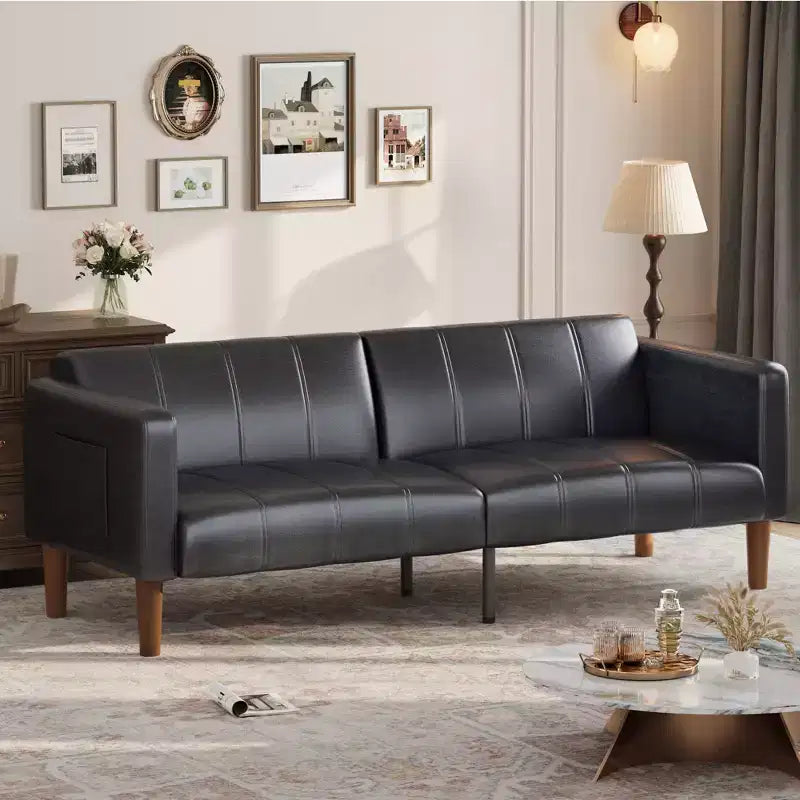 Canapé-lit futon en similicuir de 75'', causeuse convertible, dossier réglable, poches latérales, canapé-lit peu encombrant pour petits espaces