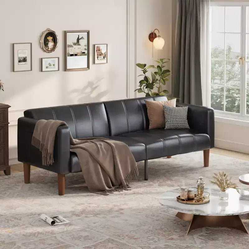 75'' PU Leather Futon Sofa Bed, Convertible Loveseat, Adjustable Backrest, Side Pockets, Space-Saving Sleeper Sofa for Small Spaces