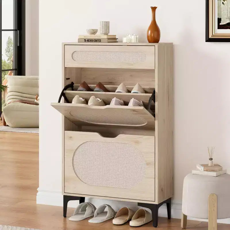Meuble à chaussures en rotin, organiseur de chaussures avec 2 tiroirs basculants et 1 tiroir, rangement à chaussures fin et dissimulé pour entrée de porte d'entrée