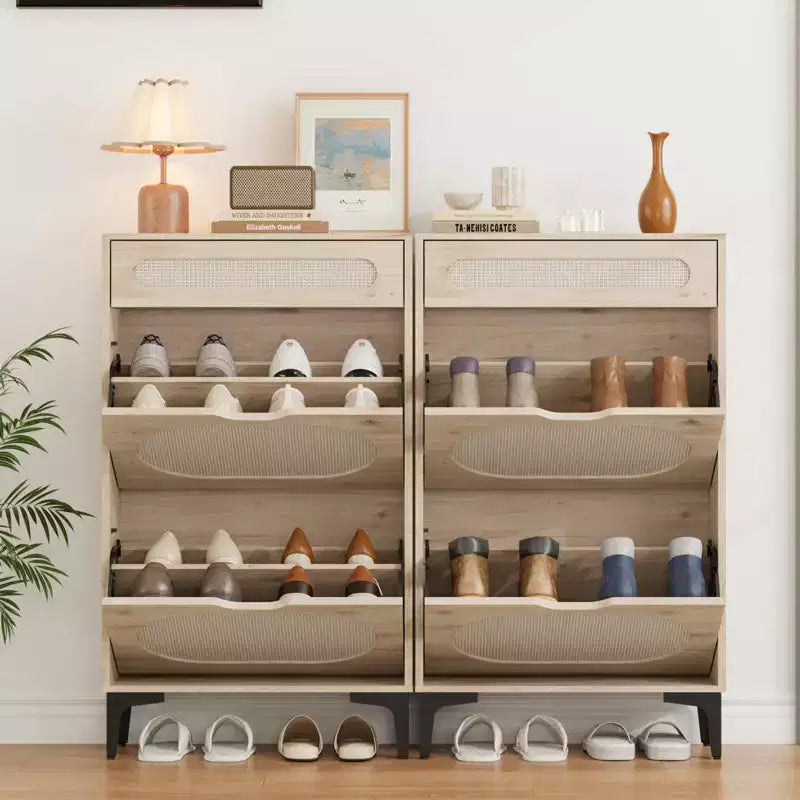 Meuble à chaussures en rotin, organiseur de chaussures avec 2 tiroirs basculants et 1 tiroir, rangement à chaussures fin et dissimulé pour entrée de porte d'entrée