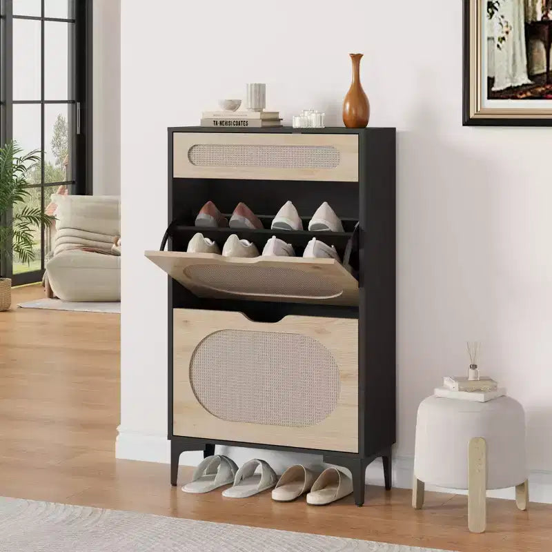 Meuble à chaussures en rotin, organiseur de chaussures avec 2 tiroirs basculants et 1 tiroir, rangement à chaussures fin et dissimulé pour entrée de porte d'entrée