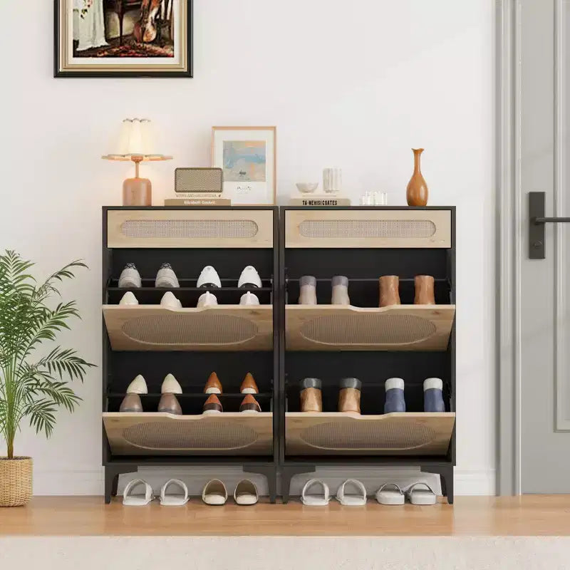 Meuble à chaussures en rotin, organiseur de chaussures avec 2 tiroirs basculants et 1 tiroir, rangement à chaussures fin et dissimulé pour entrée de porte d'entrée
