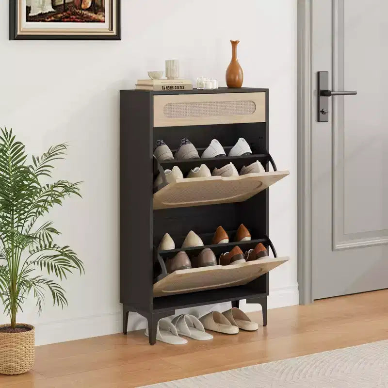 Rattan Shoe Cabinet, Shoe Organizer with 2 Flip Drawers & 1 Drawer, Hidden Slim Shoe Sotrage for Front Door Entrance