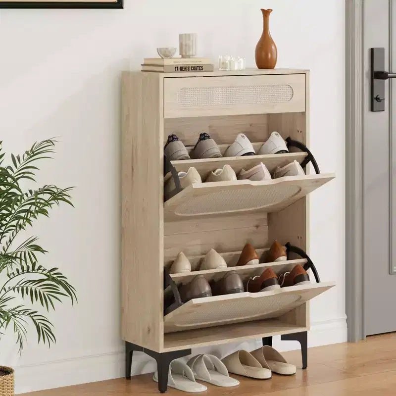 Meuble à chaussures en rotin, organiseur de chaussures avec 2 tiroirs basculants et 1 tiroir, rangement à chaussures fin et dissimulé pour entrée de porte d'entrée