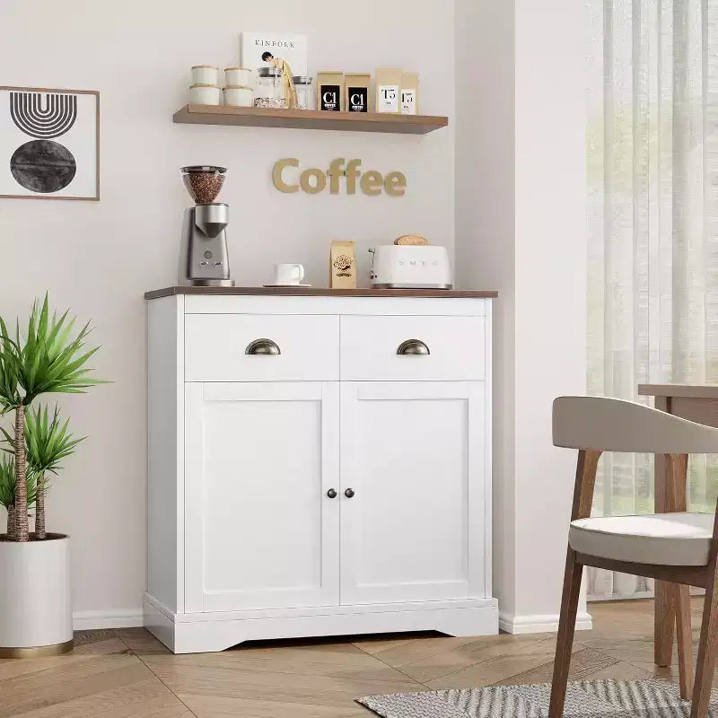 Farmhouse White Buffet Cabinet with Storage, Kitchen Sideboard with 2 Doors and 2 Drawers, Wooden Coffee Bar Cabinet for Dining Room, Living Room