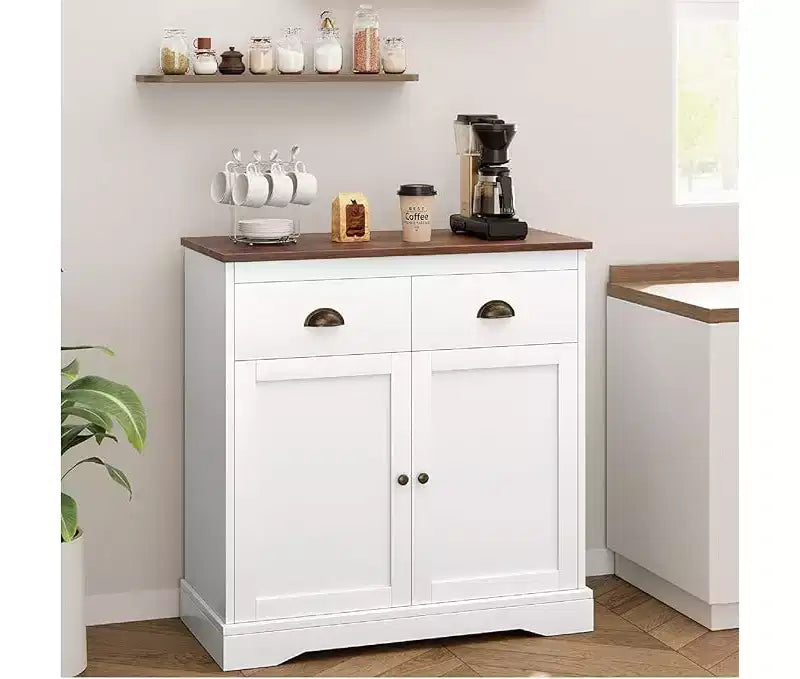 Buffet de Ferme Blanc avec Rangement, Buffet de Cuisine avec 2 Portes et 2 Tiroirs, Meuble Bar à Café en Bois pour Salle à Manger, Salon