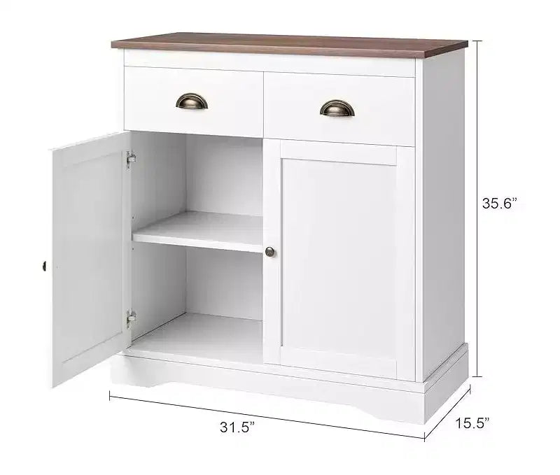 Buffet de Ferme Blanc avec Rangement, Buffet de Cuisine avec 2 Portes et 2 Tiroirs, Meuble Bar à Café en Bois pour Salle à Manger, Salon