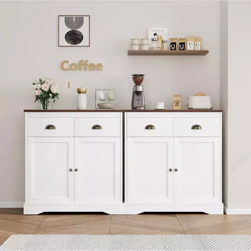 Buffet de Ferme Blanc avec Rangement, Buffet de Cuisine avec 2 Portes et 2 Tiroirs, Meuble Bar à Café en Bois pour Salle à Manger, Salon