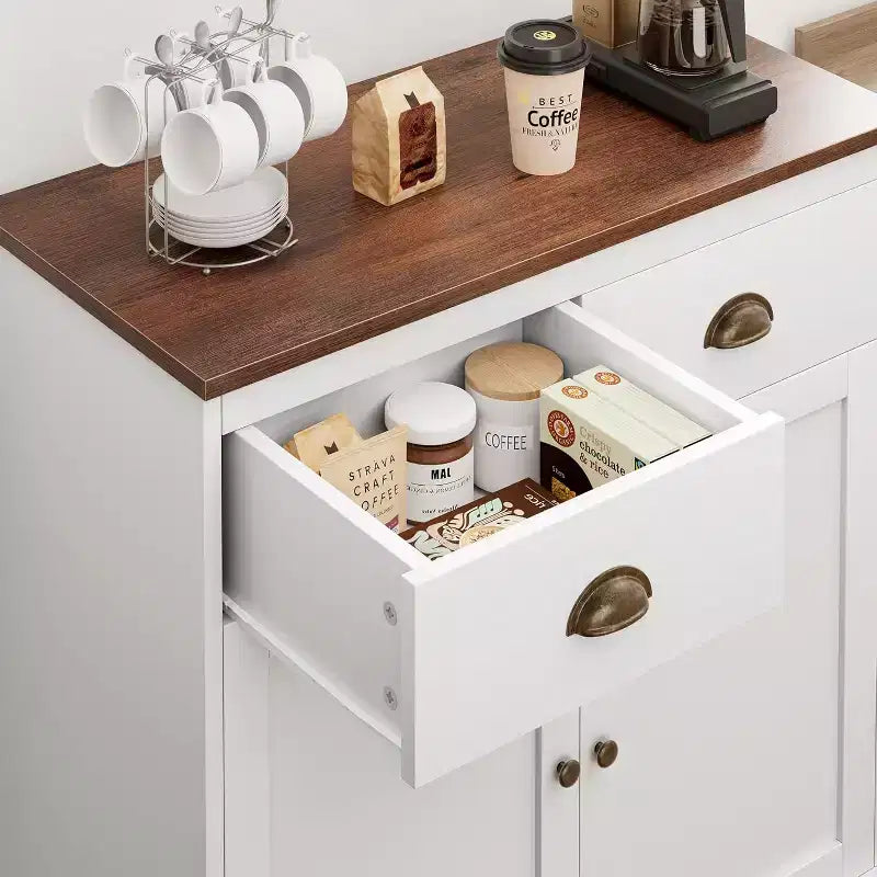 Buffet de Ferme Blanc avec Rangement, Buffet de Cuisine avec 2 Portes et 2 Tiroirs, Meuble Bar à Café en Bois pour Salle à Manger, Salon