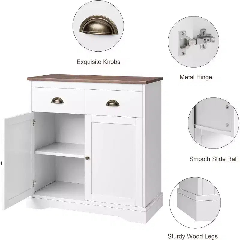 Buffet de Ferme Blanc avec Rangement, Buffet de Cuisine avec 2 Portes et 2 Tiroirs, Meuble Bar à Café en Bois pour Salle à Manger, Salon