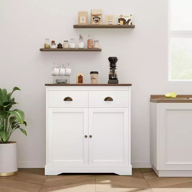 Buffet de Ferme Blanc avec Rangement, Buffet de Cuisine avec 2 Portes et 2 Tiroirs, Meuble Bar à Café en Bois pour Salle à Manger, Salon