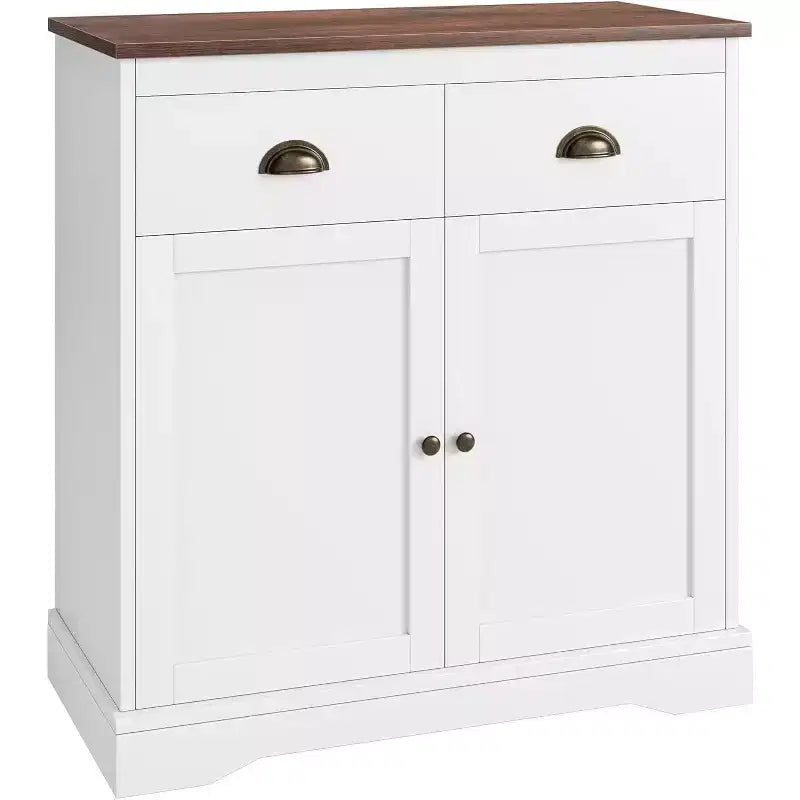Buffet de Ferme Blanc avec Rangement, Buffet de Cuisine avec 2 Portes et 2 Tiroirs, Meuble Bar à Café en Bois pour Salle à Manger, Salon