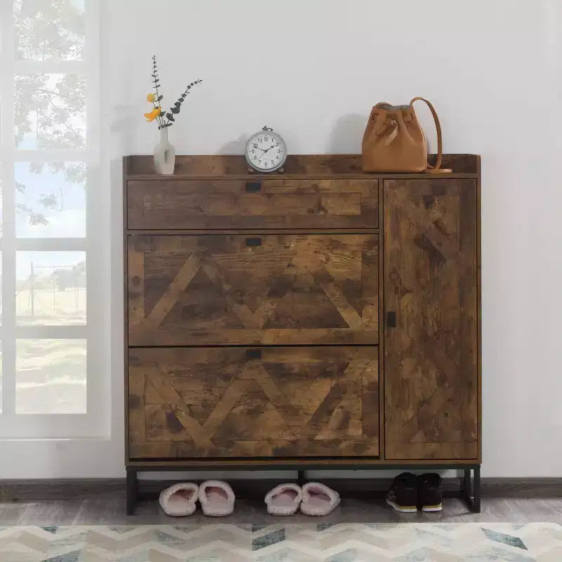 AEELLEEA Rustic Brown 4-Door Shoe Storage Cabinet: Farmhouse Entryway Organizer with Flip Drawers
