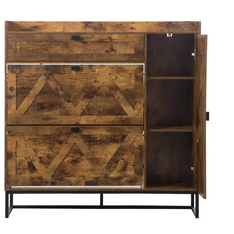 Meuble de rangement pour chaussures 4 portes marron rustique : Organiseur d'entrée de style ferme avec tiroirs basculants