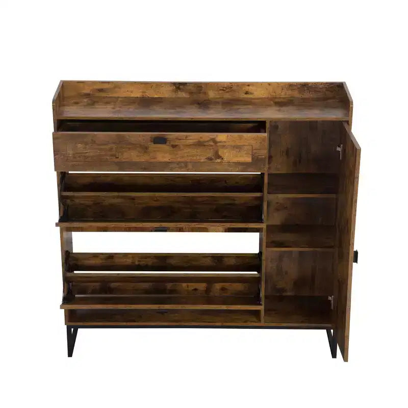 Meuble de rangement pour chaussures 4 portes marron rustique : Organiseur d'entrée de style ferme avec tiroirs basculants