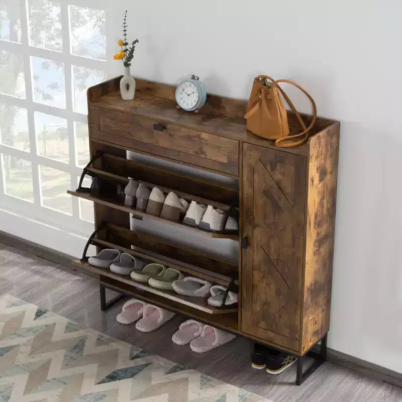 Meuble de rangement pour chaussures 4 portes marron rustique : Organiseur d'entrée de style ferme avec tiroirs basculants