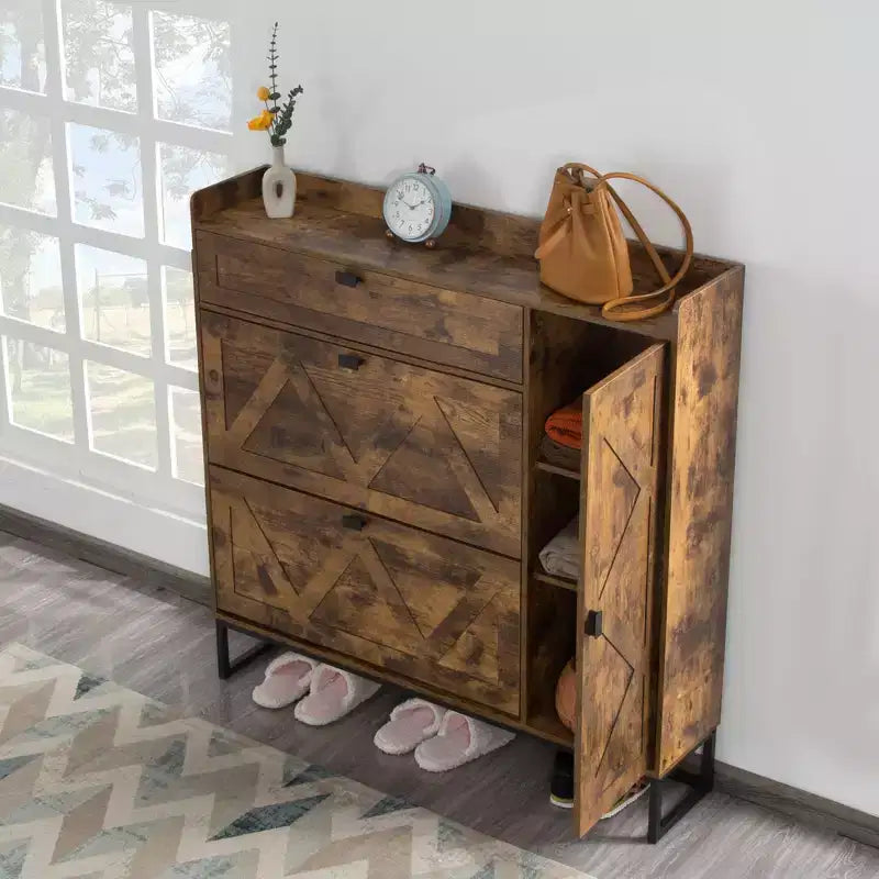 Meuble de rangement pour chaussures 4 portes marron rustique : Organiseur d'entrée de style ferme avec tiroirs basculants