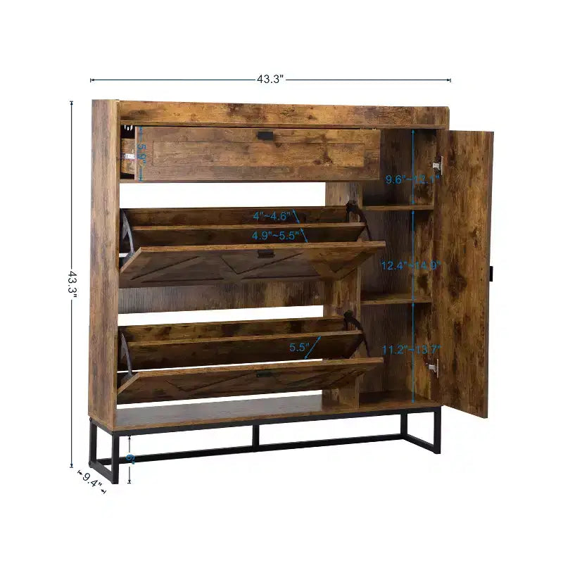 Meuble de rangement pour chaussures 4 portes marron rustique : Organiseur d'entrée de style ferme avec tiroirs basculants