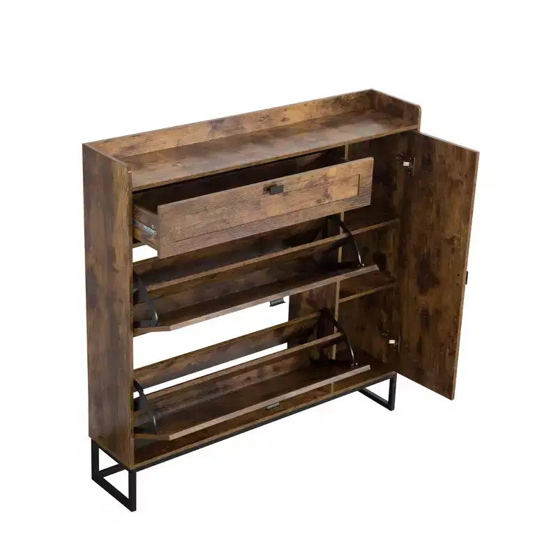 Meuble de rangement pour chaussures 4 portes marron rustique : Organiseur d'entrée de style ferme avec tiroirs basculants