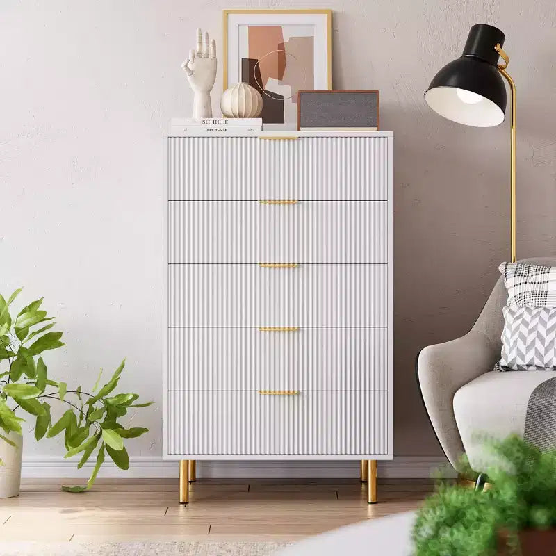 Commode blanche à 5 tiroirs pour chambre à coucher, meuble de rangement moderne avec poignées dorées, grands tiroirs, armoire de rangement pour salon, couloir, bureau