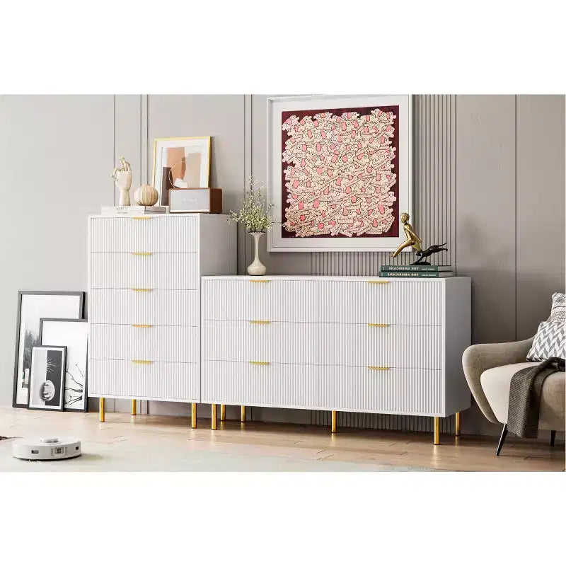 Commode blanche à 5 tiroirs pour chambre à coucher, meuble de rangement moderne avec poignées dorées, grands tiroirs, armoire de rangement pour salon, couloir, bureau