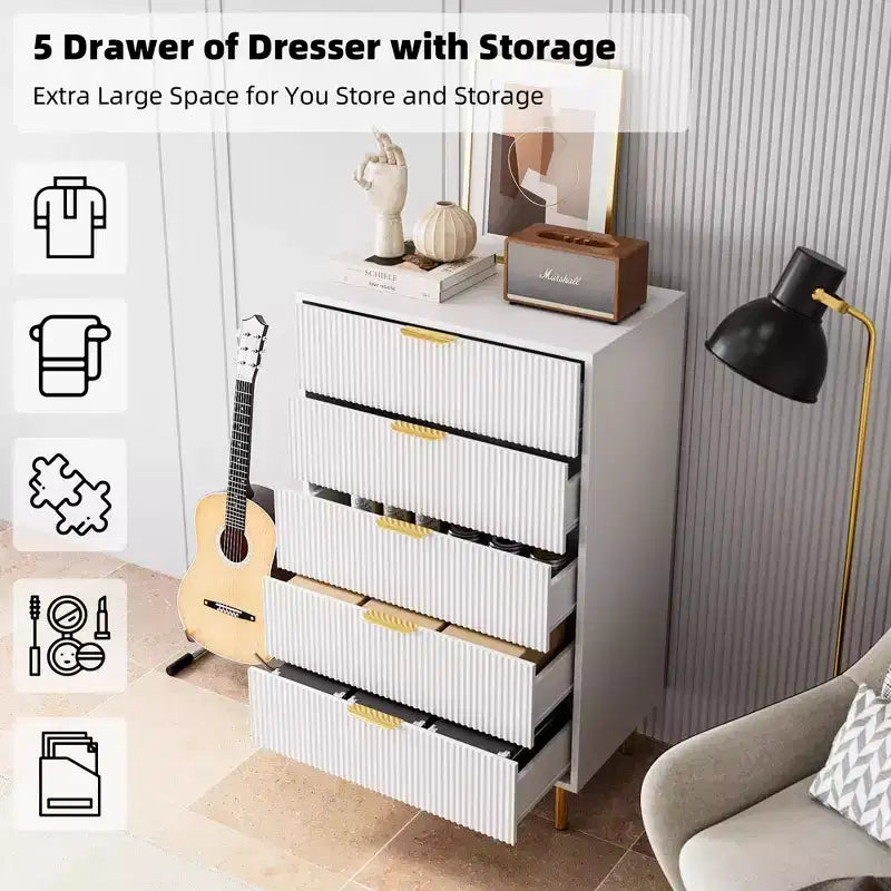 Commode blanche à 5 tiroirs pour chambre à coucher, meuble de rangement moderne avec poignées dorées, grands tiroirs, armoire de rangement pour salon, couloir, bureau