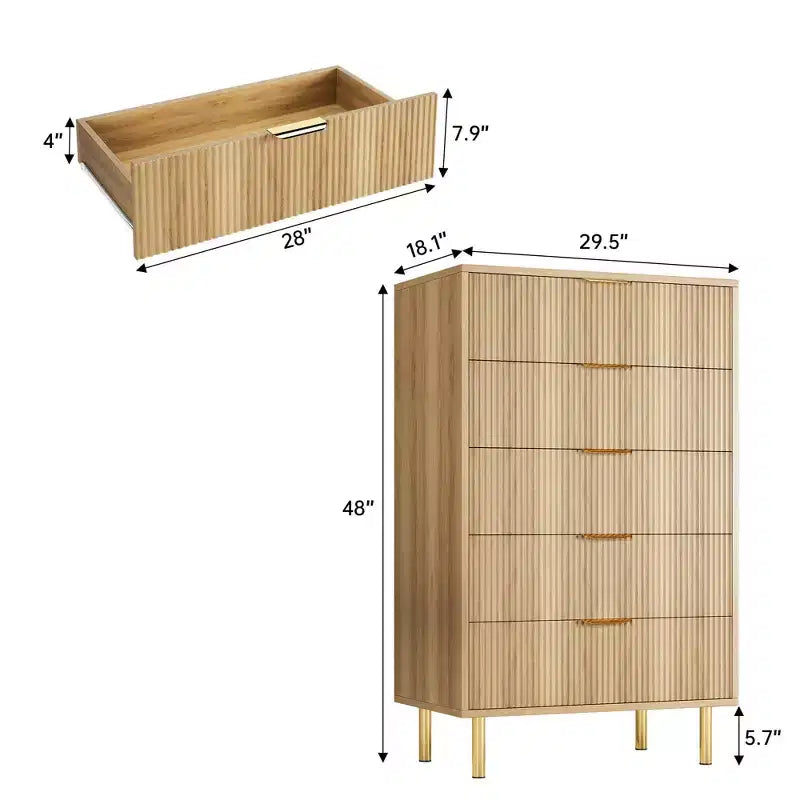 Commode blanche à 5 tiroirs pour chambre à coucher, meuble de rangement moderne avec poignées dorées, grands tiroirs, armoire de rangement pour salon, couloir, bureau